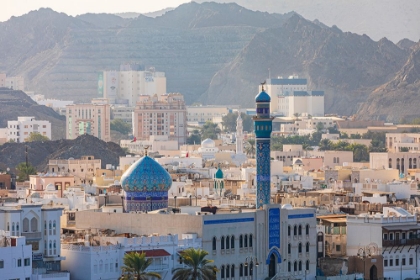 Picture of MIDDLE EAST-ARABIAN PENINSULA-OMAN-MUSCAT-MUTTRAH-BLUE MINARET AND DOME OF A MOSQUE IN MUTTRAH
