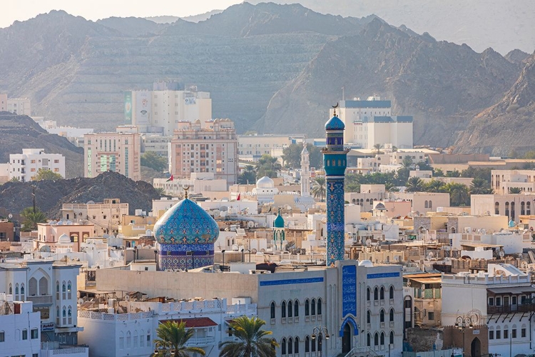 Picture of MIDDLE EAST-ARABIAN PENINSULA-OMAN-MUSCAT-MUTTRAH-BLUE MINARET AND DOME OF A MOSQUE IN MUTTRAH