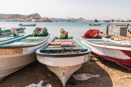 Picture of MIDDLE EAST-ARABIAN PENINSULA-AL BATINAH SOUTH-FISHING BOATS ON THE BEACH IN THE HARBOR OF SUR-OMAN