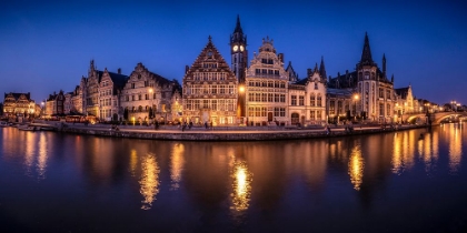 Picture of EUROPE-BELGIUM-GHENT-PANORAMIC OF TOWN AND CANAL REFLECTIONS AT NIGHT