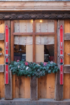 Picture of COLMAR-FRANCE OLD TOWN COLMAR ADORNED WITH CHRISTMAS DECORATION OLD SKIS DECORATE A RUSTIC CAFÉ