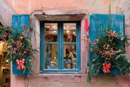 Picture of RIQUEWIHR-FRANCE VILLAGE ESTABLISHED 1400S IN ALSACE REGION WINDOW DECORATED CHRISTMAS ORNAMENTS