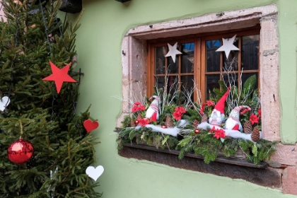 Picture of RIQUEWIHR-FRANCE VILLAGE ESTABLISHED 1400S IN ALSACE REGION WINDOW DECORATED CHRISTMAS ORNAMENTS