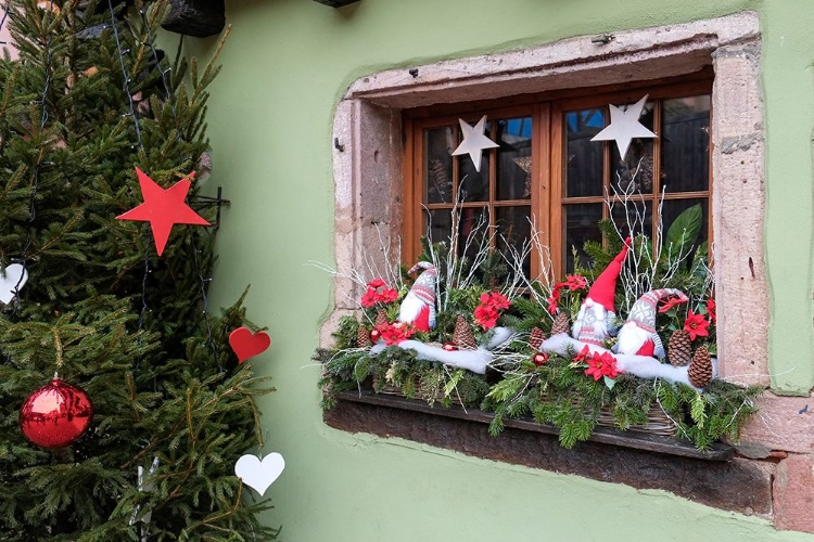 Picture of RIQUEWIHR-FRANCE VILLAGE ESTABLISHED 1400S IN ALSACE REGION WINDOW DECORATED CHRISTMAS ORNAMENTS