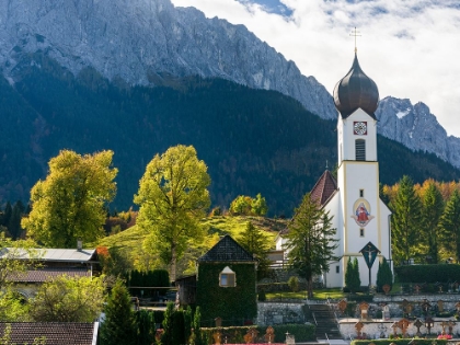 Picture of CHURCH ST-JOHANNES DER TAUFER-JOHN THE BAPTIST-MOUNT ZUGSPITZE IN THE BACKGROUND-VILLAGE GRAINAU NE