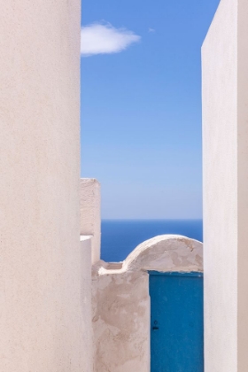 Picture of EUROPE-GREECE-THIRASIA-WHITE BUILDING AND BLUE DOOR AND OCEAN