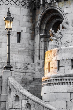 Picture of HUNGARY-BUDAPEST-LIGHT HITTING LAMPPOST-STAIRCASE-AND DRAGON STATUE ON FISHERMANS BASTION BUILDING