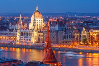 Picture of VIEW OF PARLIAMENT BUILDINGS ALONG DANUBE RIVER AT DUSK-BUDAPEST-CAPITAL OF HUNGARY-EUROPE
