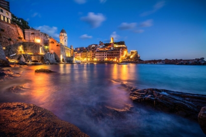 Picture of EUROPE-ITALY-VERNAZZA-LANDSCAPE WITH VILLAGE AND OCEAN AT SUNSET