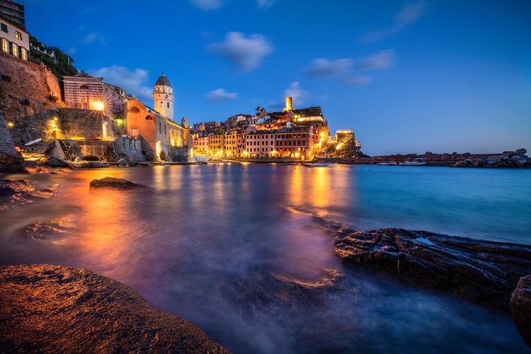 Picture of EUROPE-ITALY-VERNAZZA-LANDSCAPE WITH VILLAGE AND OCEAN AT SUNSET