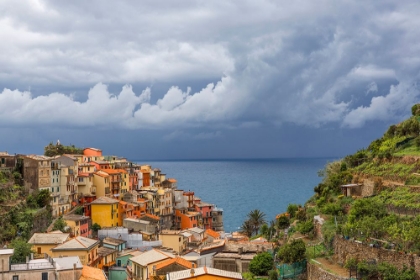 Picture of EUROPE-ITALY-MANAROLA-LANDSCAPE WITH TOWN AND OCEAN