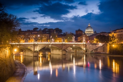 Picture of EUROPE-ITALY-ROME-DOME OF SISTINE CHAPEL WITH TIBER RIVER AND BRIDGE LIT AT SUNSET