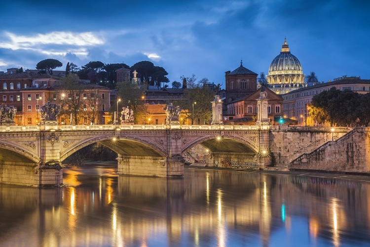 Picture of EUROPE-ITALY-ROME-DOME OF SISTINE CHAPEL WITH TIBER RIVER AND BRIDGE LIT AT SUNSET