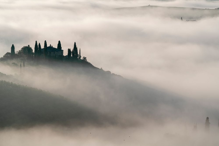 Picture of EUROPE-ITALY-TUSCANY-VAL DORCIA-BELVEDERE FARMHOUSE AT SUNRISE WITH FOG