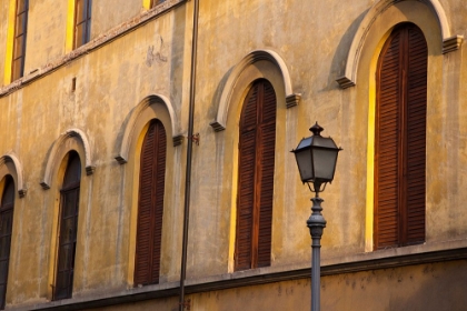 Picture of ITALY-TUSCANY-LUCCA STREET LAMPPOST AND ARCHED WINDOWS WITH WOODEN SHUTTERS