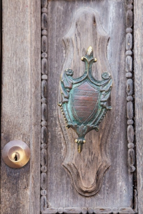 Picture of ITALY-VENICE-BURANO ISLAND CLOSEUP OF BRASS DETAIL ON AN OLD WOODEN DOOR ON BURANO ISLAND