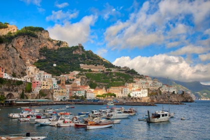 Picture of ITALY-AMALFI BOATS IN THE HARBOR AND COASTAL TOWN OF AMALFI