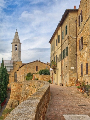 Picture of ITALY-TUSCANY-PIENZA WALKWAY LEADING TO THE BELL TOWER OF THE PIENZA CATHEDRAL