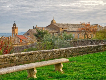 Picture of ITALY-TUSCANY-PROVINCE OF SIENA-MONTALCINO STONE BENCH OVERLOOKING THE TOWN OF MONTALCINO