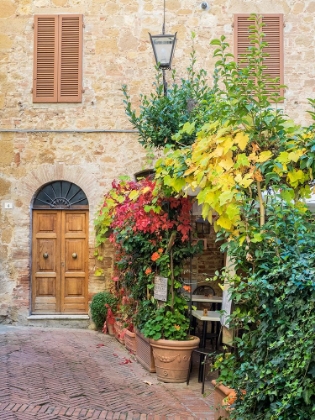 Picture of ITALY-TUSCANY-PIENZA DOORWAY SURROUNDED BY FLOWERS