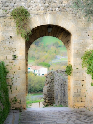 Picture of ITALY-CHIANTI-MONTERIGGIONI LOOKING OUT AN ARCHED ENTRANCE INTO THE WALLED TOWN