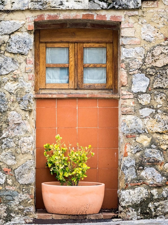 Picture of ITALY-CHIANTI-MONTERIGGIONI WOODEN SHUTTERS ON A WINDOW WITH PLANTER BELOW