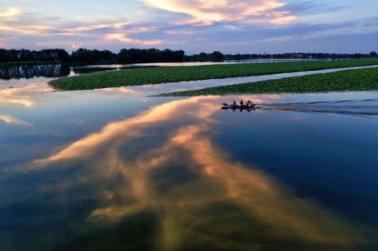 Picture of ITALY-MANTOVA (MANTUA) SUNSET REFLECTION AND BOAT ON LAKE