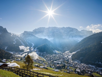Picture of SELLA MOUNTAIN RANGE AND VILLAGE WOLKENSTEIN-SELVA IN THE DOLOMITES OF SOUTH TYROL-ALTO ADIGE SEEN 