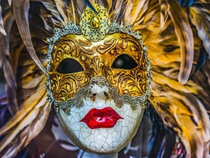 Picture of WHITE GOLDEN VENETIAN MASK FEATHERS-VENICE-ITALY-USED SINCE 1200S FOR CARNIVAL-ALSO USED FOR MARDI 
