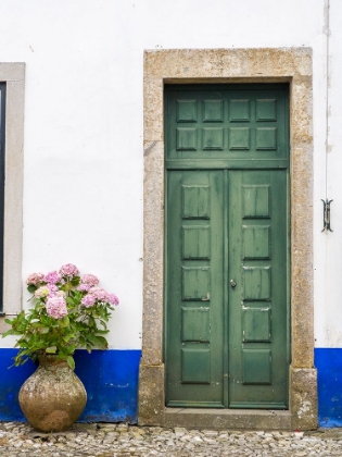 Picture of PORTUGAL-OBIDOS-PINK HYDRANGEA IN TERRACOTTA POT NEXT TO A GREEN DOOR