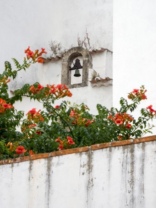 Picture of PORTUGAL-OBIDOS-ORANGE TRUMPET VINE GROWING BELOW A CHURCH BELL IN THE MEDIEVAL VILLAGE OF OBIDOS