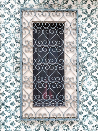 Picture of PORTUGAL-AVEIRO-SHUTTERED WINDOW ON TILED WALL WITH WROUGHT IRON COVERING