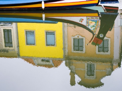 Picture of PORTUGAL-AVEIRO-REFLECTION OF COLORFUL BUILDINGS AND PAINTED MOLICEIRO BOATS IN THE CANAL