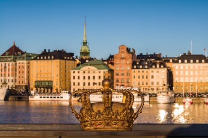 Picture of SWEDEN-STOCKHOLM-GAMLA STAN-OLD TOWN-OLD TOWN SKYLINE AND CROWN ON THE SKEPPSHOLMSBRON BRIDGE