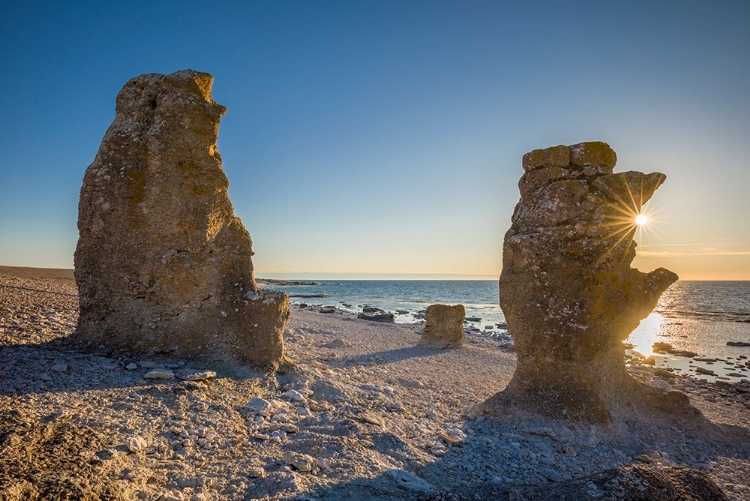 Picture of SWEDEN-FARO ISLAND-LANGHAMMARS AREA-LANGHAMMAR COASTAL LIMESTONE RAUK ROCK-SUNSET