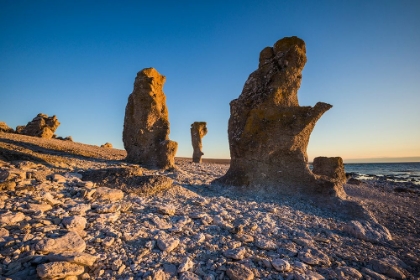 Picture of SWEDEN-FARO ISLAND-LANGHAMMARS AREA-LANGHAMMAR COASTAL LIMESTONE RAUK ROCK-SUNSET