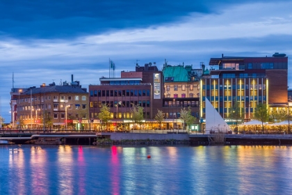 Picture of SWEDEN-LAKE VATTERN AREA-JONKOPING-RENOVATED HARBOR AREA ALONG MUNKSJON BAY-DUSK