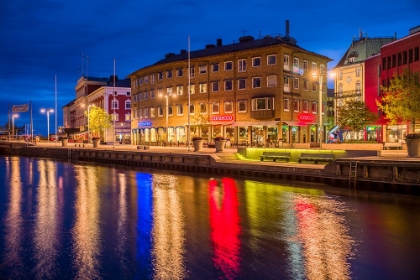 Picture of SWEDEN-LAKE VATTERN AREA-JONKOPING-RENOVATED HARBOR AREA ALONG MUNKSJON BAY-DUSK