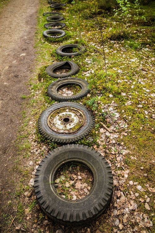 Picture of SWEDEN-SMALAND-RYD-KYRKO MOSSE CAR CEMETERY-FORMER JUNKYARD NOW PUBIC PARK-OLD TIRES