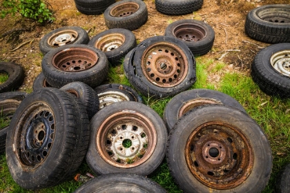 Picture of SWEDEN-SMALAND-RYD-KYRKO MOSSE CAR CEMETERY-FORMER JUNKYARD NOW PUBIC PARK-OLD TIRES