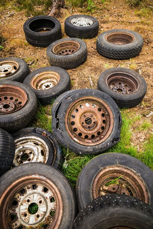 Picture of SWEDEN-SMALAND-RYD-KYRKO MOSSE CAR CEMETERY-FORMER JUNKYARD NOW PUBIC PARK-OLD TIRES