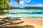 Picture of COLORFUL HAURU POINT BEACH PALM TREES-MOOREA-TAHITI-FRENCH POLYNESIA-DIFFERENT BLUE COLORS FROM LAG