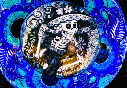 Picture of COLORFUL MEXICAN CERAMIC-DAY OF THE DEAD SKELETON BLUE PLATE HANDICRAFT LOS CABOS-CABO SAN LUCAS-ME