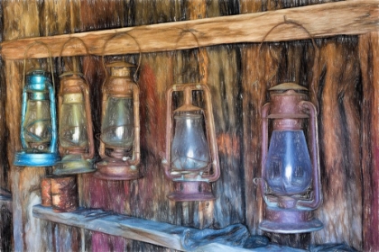 Picture of PAINTING EFFECT ON ANTIQUE LANTERNS-BODIE STATE HISTORIC PARK VIEWED THROUGH WINDOW-CALIFORNIA