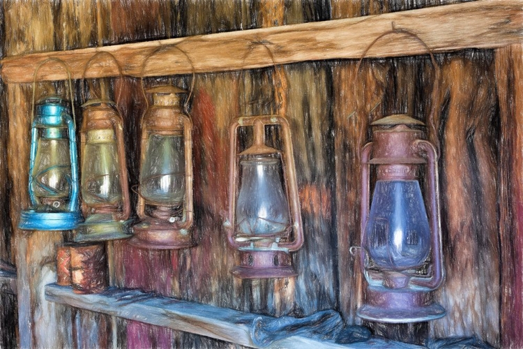 Picture of PAINTING EFFECT ON ANTIQUE LANTERNS-BODIE STATE HISTORIC PARK VIEWED THROUGH WINDOW-CALIFORNIA