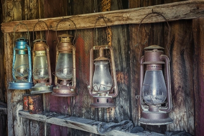 Picture of ANTIQUE LANTERNS-BODIE STATE HISTORIC PARK VIEWED THROUGH WINDOW-CALIFORNIA