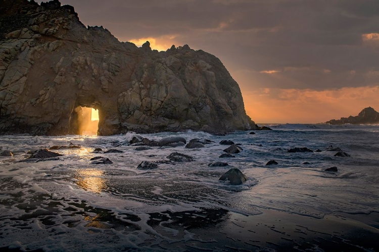 Picture of USA-CALIFORNIA SUNSETS GLEAMS THROUGH THIS HOLE IN THE ROCK ALONG THE BIG SUR COAST