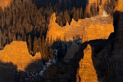Picture of USA-COLORADO-GUNNISON NATIONAL FOREST SUNRISE ON CLIFFS AND FOREST IN AUTUMN