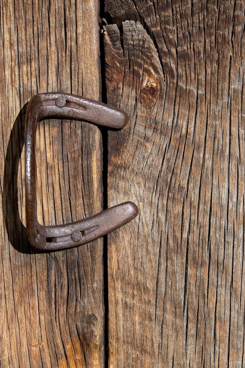 Picture of USA-COLORADO-WESTCLIFFE OLD WOODEN BARN WALL WITH BENT HORSESHOE HANDLE