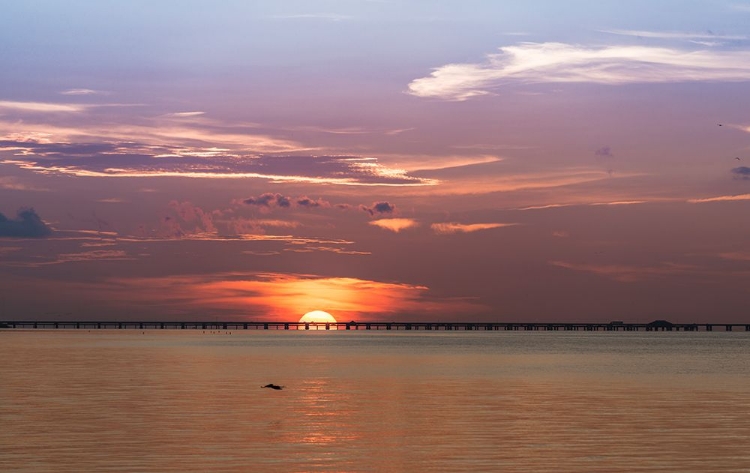 Picture of THE SUN RISING BEHIND THE SKYWAY BRIDGE STUNNING PURPLE SKY AND REFLECTION ON THE GULF OF MEXICO